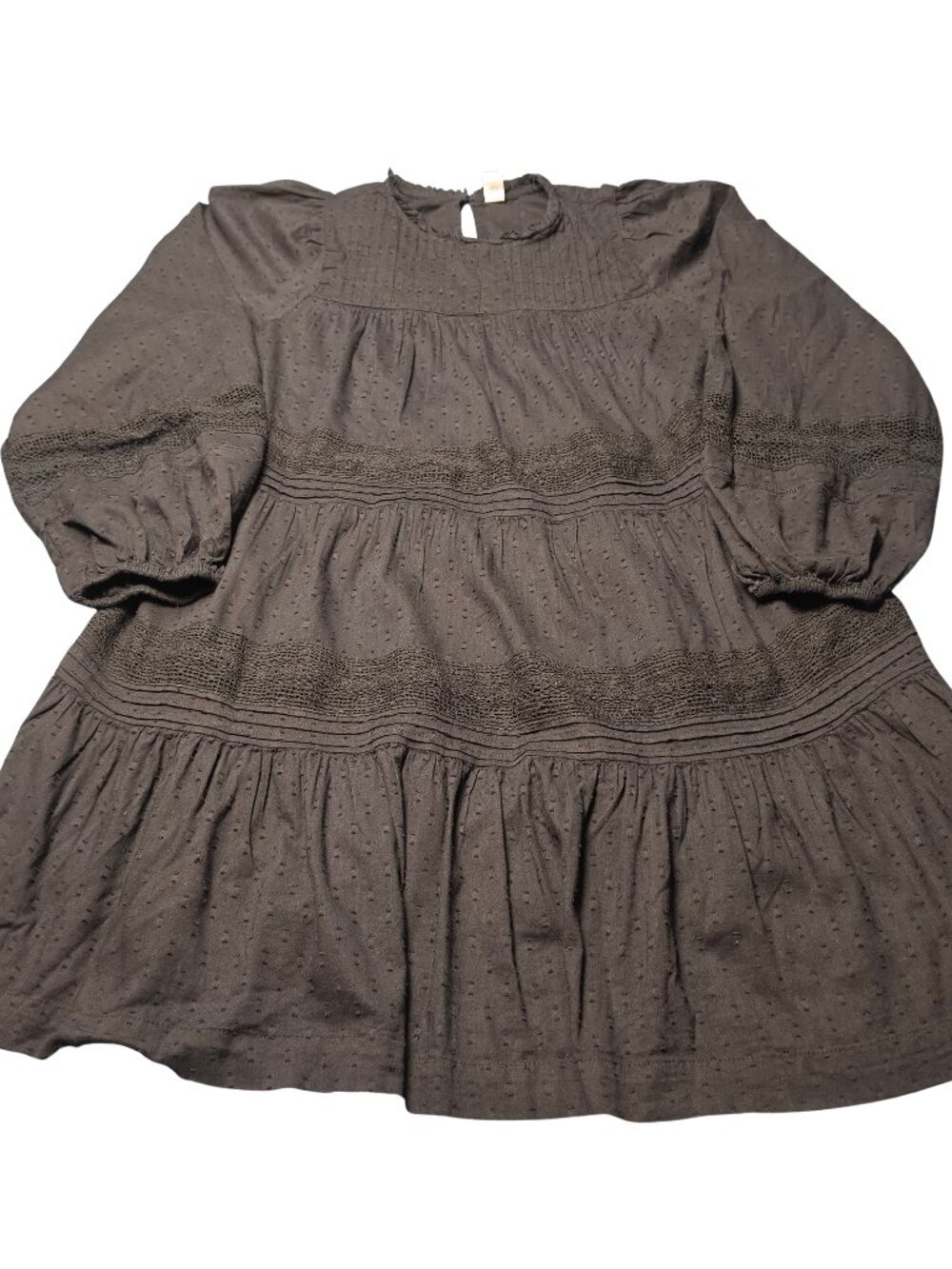 Black Swiss Dot Tiered Dress L Boho